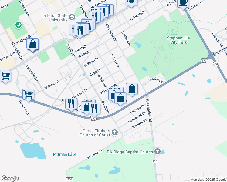 map of restaurants, bars, coffee shops, grocery stores, and more near 1290 West Hyman Street in Stephenville