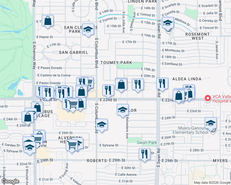 map of restaurants, bars, coffee shops, grocery stores, and more near 4425 East 22nd Street in Tucson