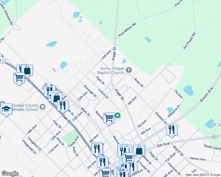 map of restaurants, bars, coffee shops, grocery stores, and more near 53 Page Street in Eastman