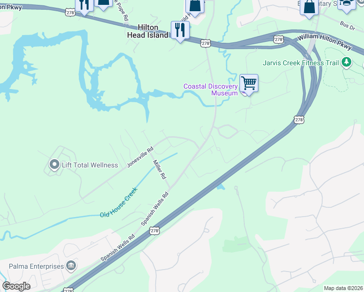 map of restaurants, bars, coffee shops, grocery stores, and more near 32 Jonesville Road in Hilton Head Island