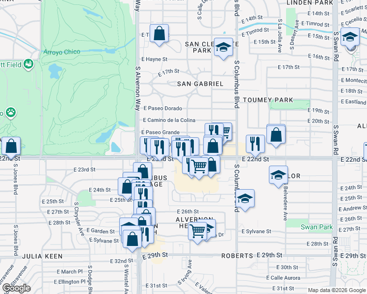map of restaurants, bars, coffee shops, grocery stores, and more near 4064 East Camino De Palmas in Tucson