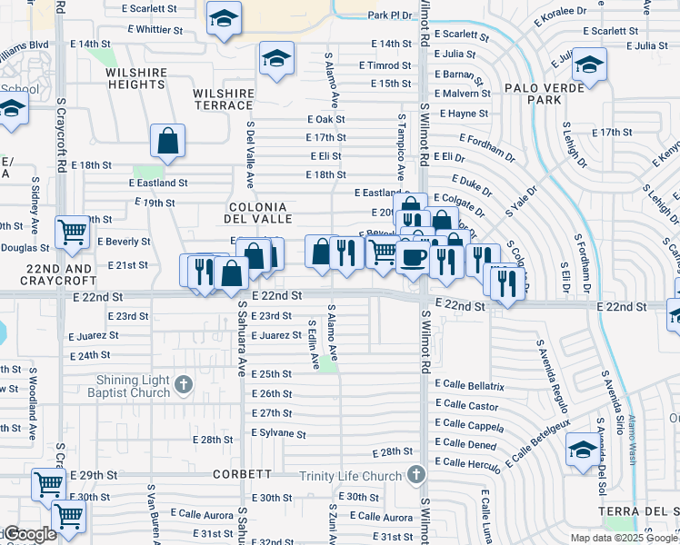 map of restaurants, bars, coffee shops, grocery stores, and more near 6102 East 21st Street in Tucson