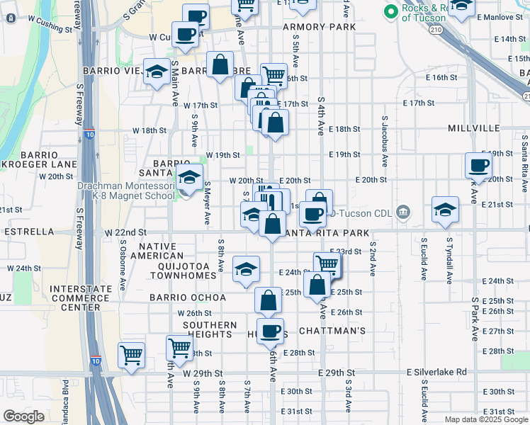 map of restaurants, bars, coffee shops, grocery stores, and more near 1100 South 6th Avenue in Tucson