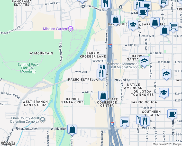 map of restaurants, bars, coffee shops, grocery stores, and more near 842 West 21st Street in Tucson