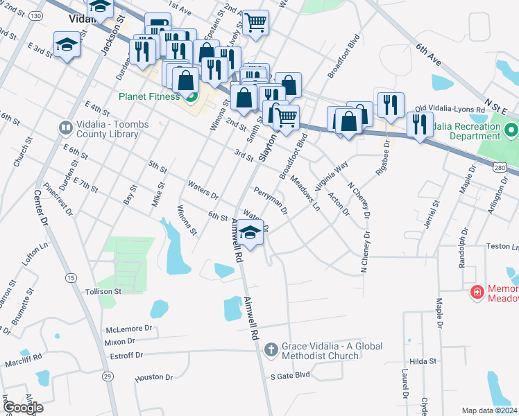 map of restaurants, bars, coffee shops, grocery stores, and more near 503 Broadfoot Boulevard in Vidalia