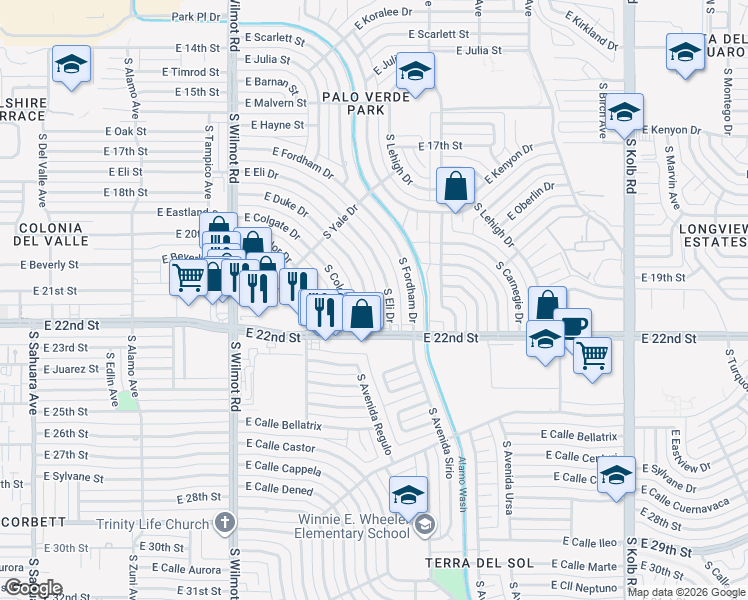 map of restaurants, bars, coffee shops, grocery stores, and more near 1032 South Eli Drive in Tucson