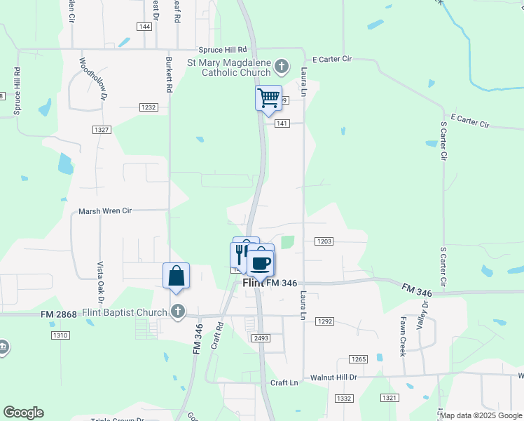 map of restaurants, bars, coffee shops, grocery stores, and more near 18733 Farm to Market Road 2493 in Flint
