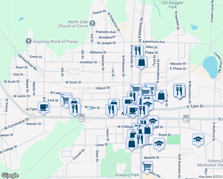 map of restaurants, bars, coffee shops, grocery stores, and more near 18b Tillison Street in Athens