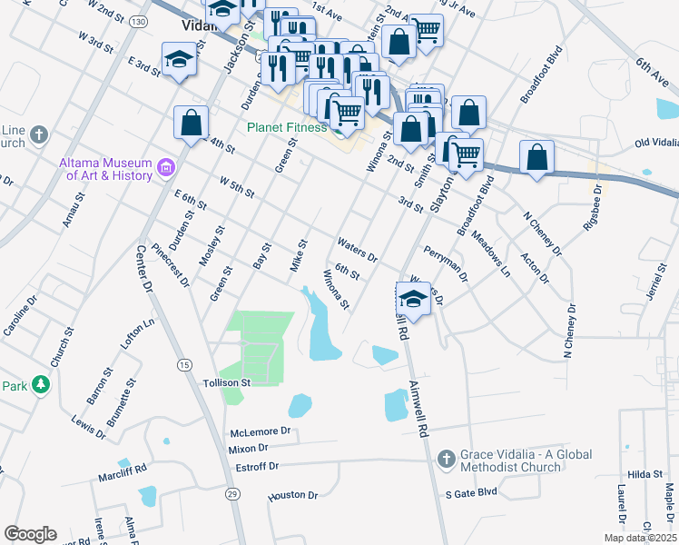 map of restaurants, bars, coffee shops, grocery stores, and more near 803 6th Street in Vidalia