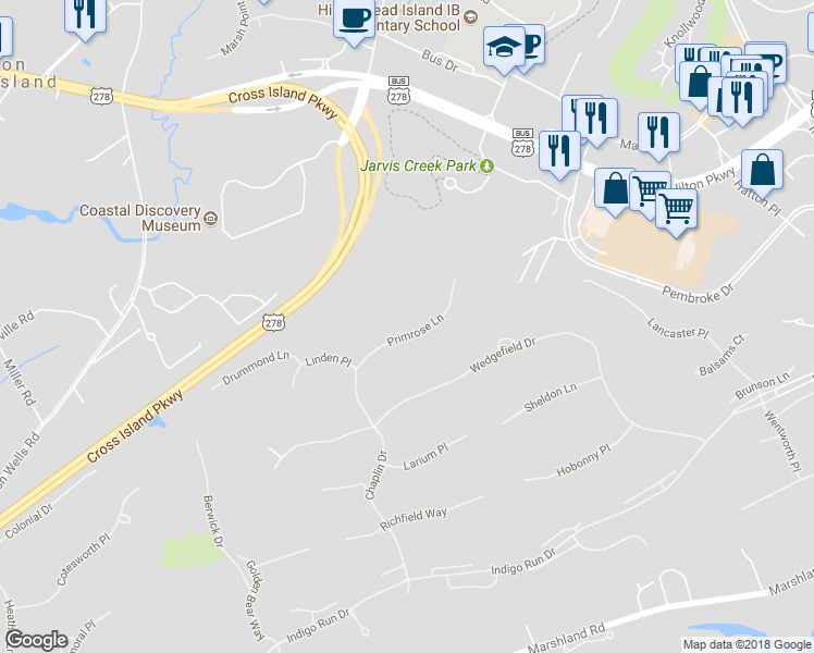 map of restaurants, bars, coffee shops, grocery stores, and more near 15 Primrose Lane in Hilton Head Island
