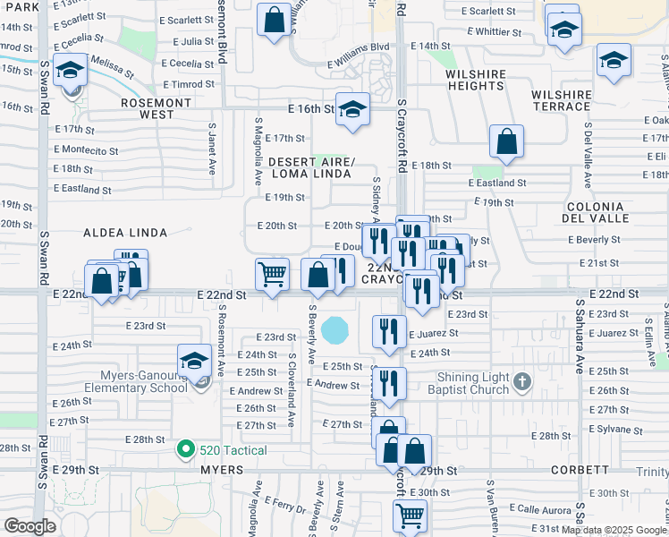 map of restaurants, bars, coffee shops, grocery stores, and more near 5353 East 22nd Street in Tucson