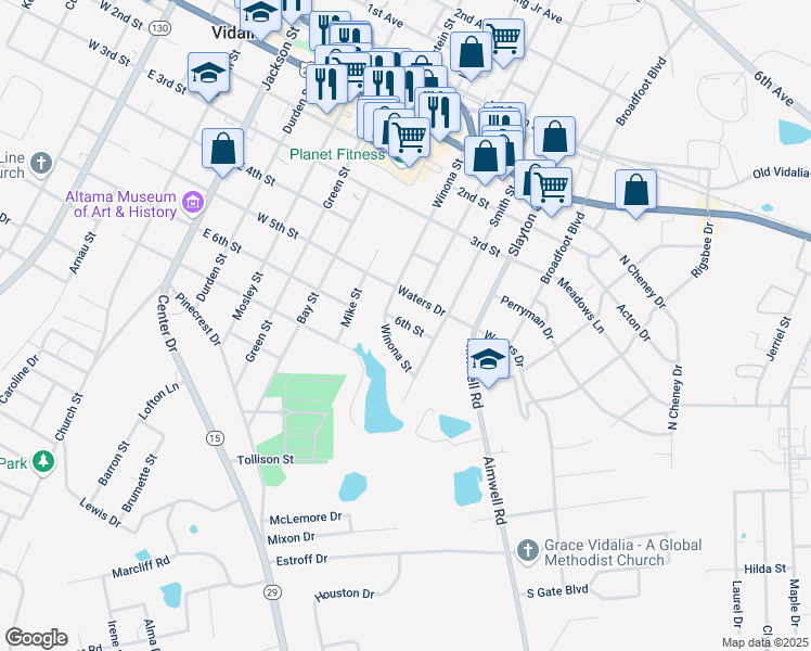 map of restaurants, bars, coffee shops, grocery stores, and more near 803 6th Street in Vidalia
