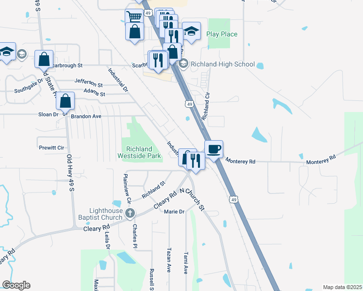 map of restaurants, bars, coffee shops, grocery stores, and more near 615 Industrial Drive in Richland