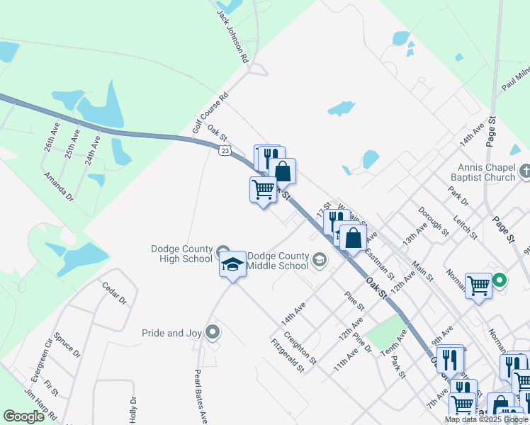 map of restaurants, bars, coffee shops, grocery stores, and more near 6327 Oak Street in Eastman