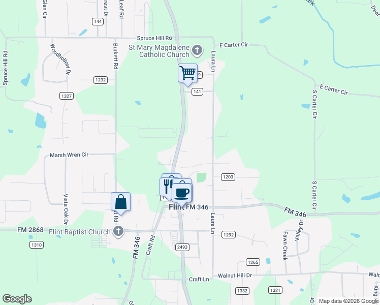map of restaurants, bars, coffee shops, grocery stores, and more near 18733 Farm to Market Road 2493 in Flint