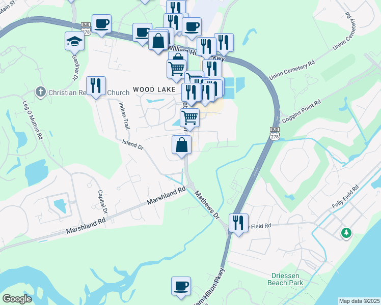 map of restaurants, bars, coffee shops, grocery stores, and more near 129-131 Mathews Dr in Hilton Head Island