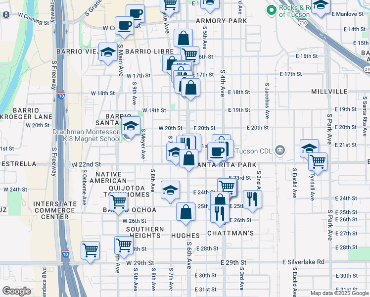 map of restaurants, bars, coffee shops, grocery stores, and more near 1100 S 6th Ave in Tucson