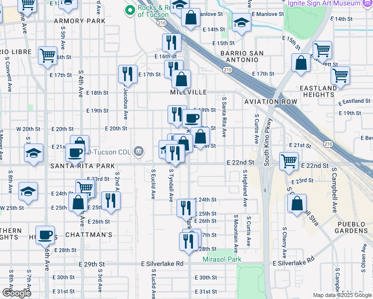 map of restaurants, bars, coffee shops, grocery stores, and more near 51110 East 21st Street in Tucson