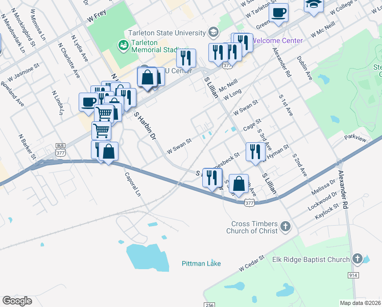 map of restaurants, bars, coffee shops, grocery stores, and more near 302 West Swan Street in Stephenville