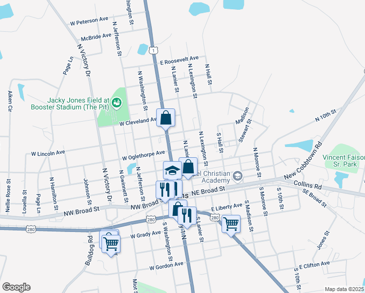 map of restaurants, bars, coffee shops, grocery stores, and more near 223 North Lanier Street in Lyons