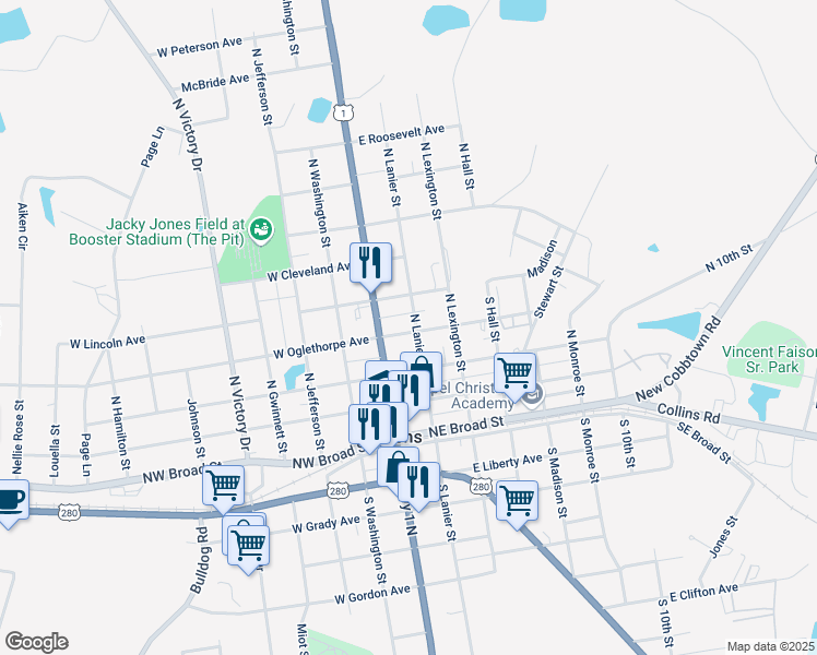 map of restaurants, bars, coffee shops, grocery stores, and more near 223 North Lanier Street in Lyons