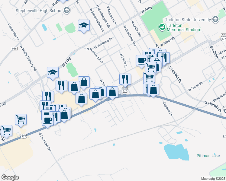 map of restaurants, bars, coffee shops, grocery stores, and more near 2315 West Washington Street in Stephenville