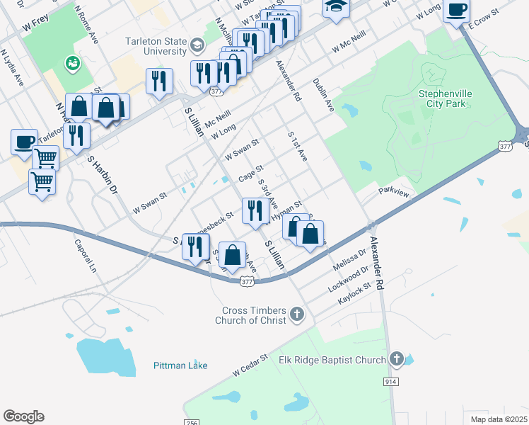 map of restaurants, bars, coffee shops, grocery stores, and more near 701 South Lillian in Stephenville