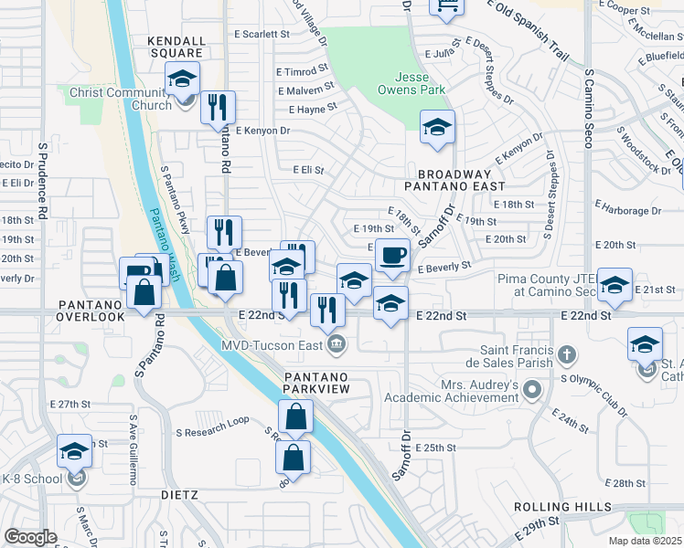 map of restaurants, bars, coffee shops, grocery stores, and more near 8140 East Beverly Street in Tucson