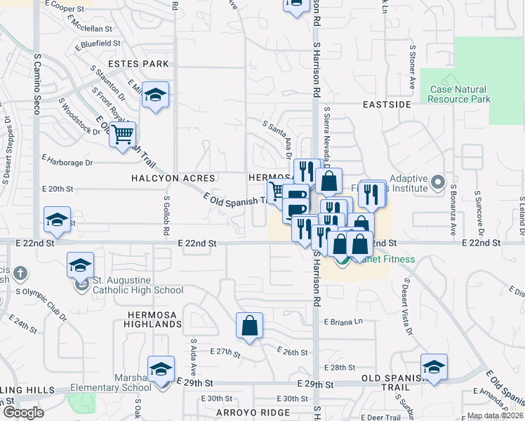 map of restaurants, bars, coffee shops, grocery stores, and more near 1056 South Speckled Stone Way in Tucson