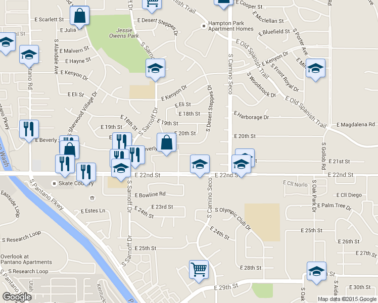 map of restaurants, bars, coffee shops, grocery stores, and more near 8511 East Seabury Court in Tucson