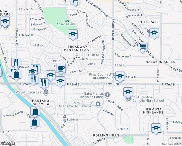 map of restaurants, bars, coffee shops, grocery stores, and more near 8511 East Seabury Court in Tucson