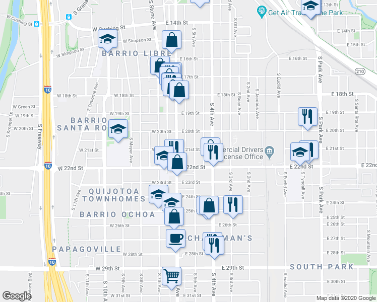 map of restaurants, bars, coffee shops, grocery stores, and more near 162 East 21st Street in Tucson