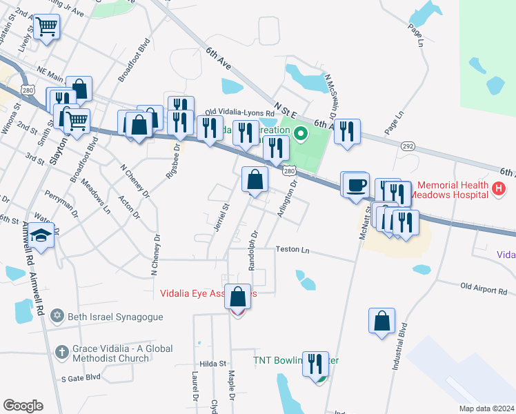 map of restaurants, bars, coffee shops, grocery stores, and more near 301-399 Maple Drive in Vidalia