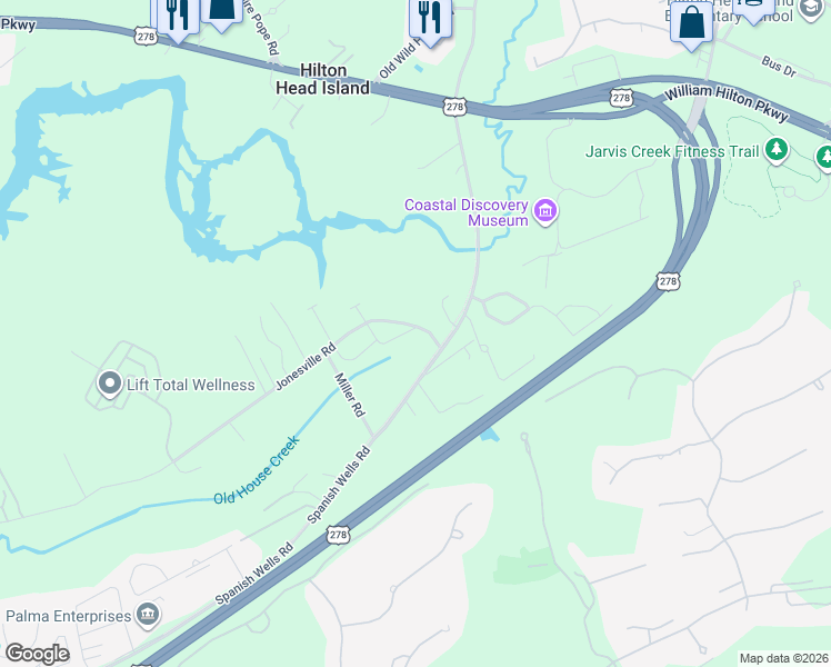 map of restaurants, bars, coffee shops, grocery stores, and more near 32 Jonesville Road in Hilton Head Island