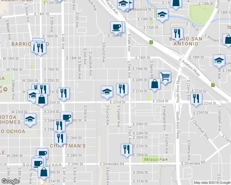 map of restaurants, bars, coffee shops, grocery stores, and more near 1100 South Tyndall Avenue in Tucson
