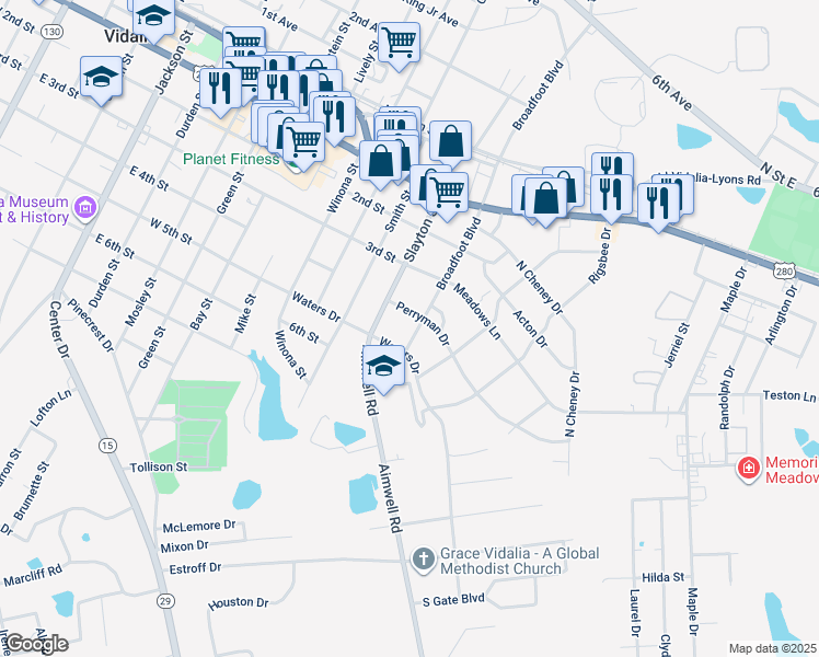map of restaurants, bars, coffee shops, grocery stores, and more near 503 Broadfoot Boulevard in Vidalia