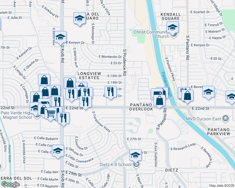 map of restaurants, bars, coffee shops, grocery stores, and more near 7433 East Beverly Drive in Tucson