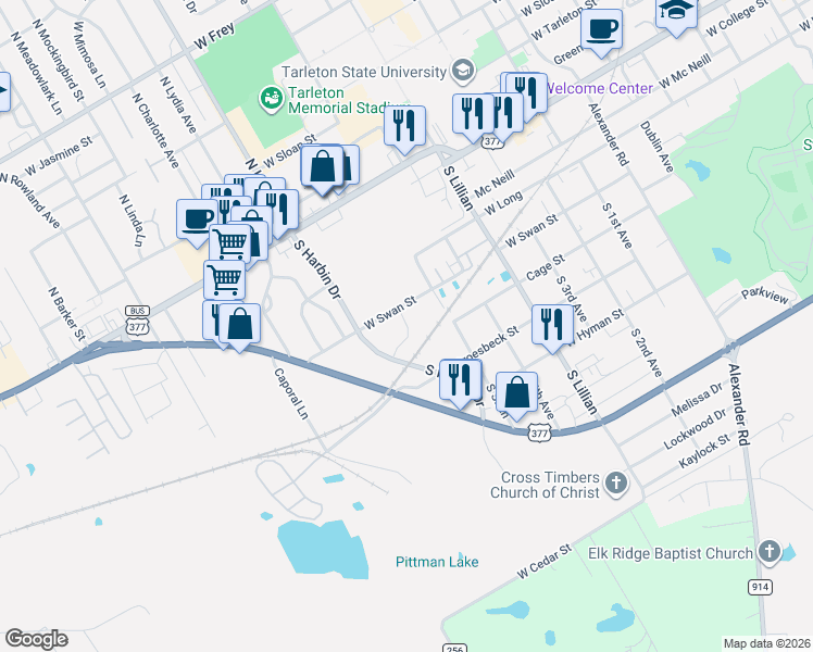 map of restaurants, bars, coffee shops, grocery stores, and more near 302 West Swan Street in Stephenville