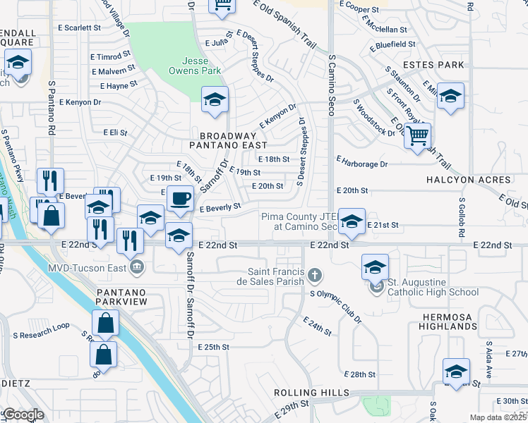 map of restaurants, bars, coffee shops, grocery stores, and more near 8511 East Seabury Court in Tucson