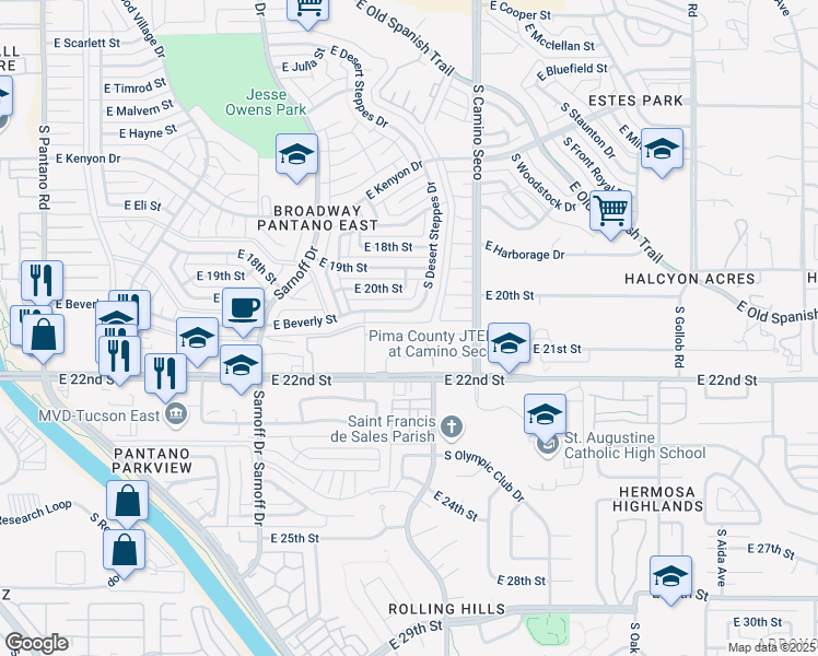 map of restaurants, bars, coffee shops, grocery stores, and more near 8569 East Seabury Court in Tucson