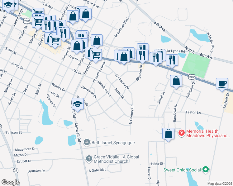 map of restaurants, bars, coffee shops, grocery stores, and more near 1407 Acton Drive in Vidalia