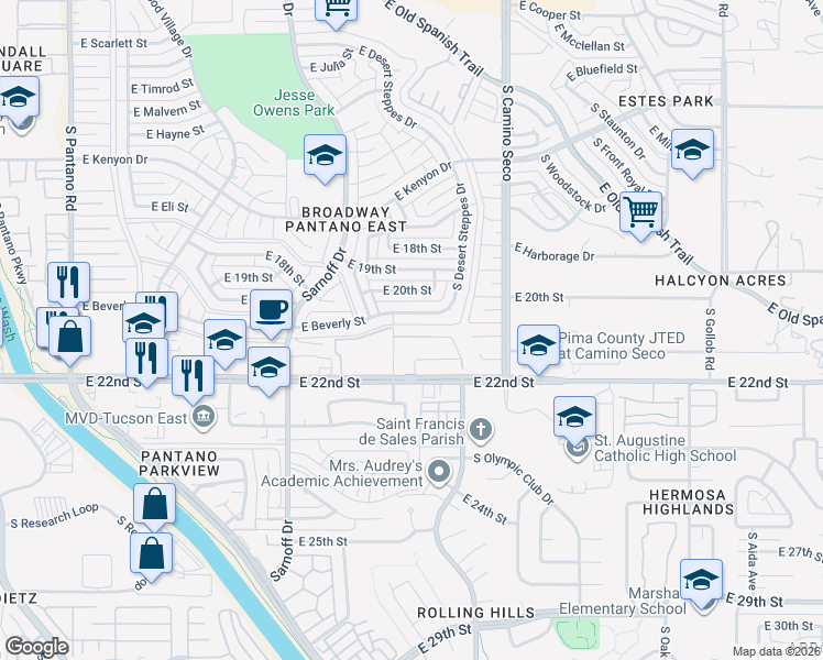 map of restaurants, bars, coffee shops, grocery stores, and more near 8511 East Seabury Court in Tucson