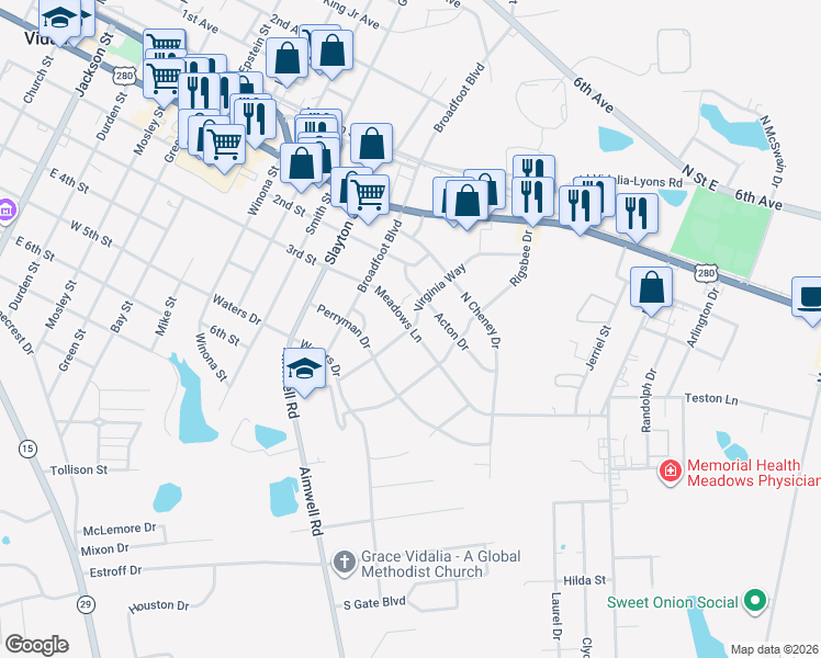 map of restaurants, bars, coffee shops, grocery stores, and more near 400 Virginia Way in Vidalia
