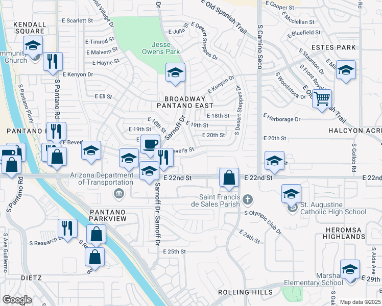map of restaurants, bars, coffee shops, grocery stores, and more near 8416 East Beverly Street in Tucson
