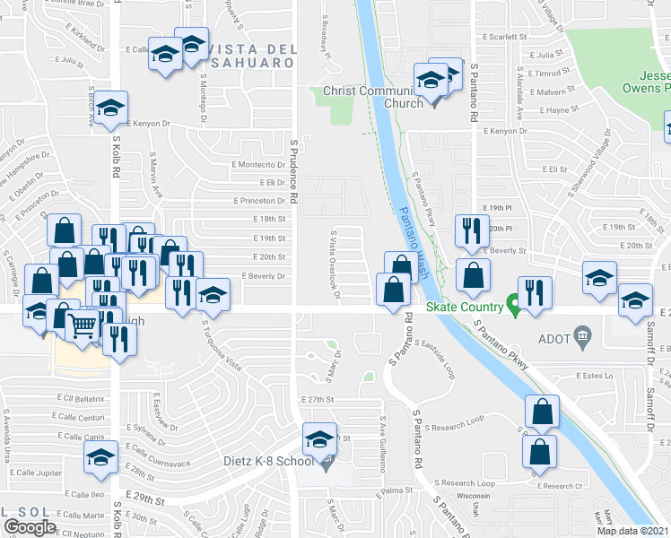 map of restaurants, bars, coffee shops, grocery stores, and more near 7595 East Saguaro Overlook Drive in Tucson