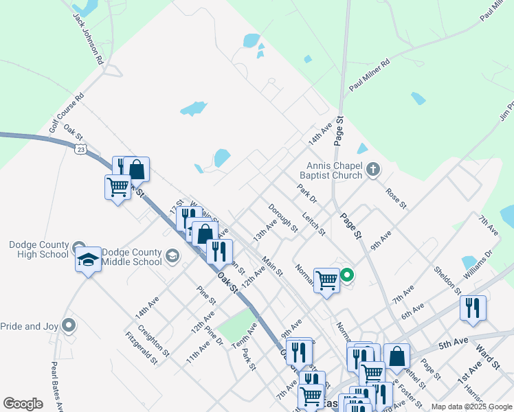 map of restaurants, bars, coffee shops, grocery stores, and more near 5833 Dorough Street in Eastman