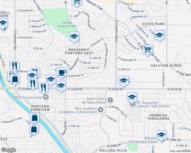 map of restaurants, bars, coffee shops, grocery stores, and more near 1101 South Lusk Drive in Tucson