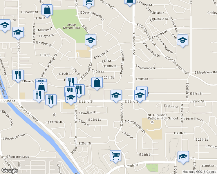 map of restaurants, bars, coffee shops, grocery stores, and more near 8511 East Seabury Court in Tucson