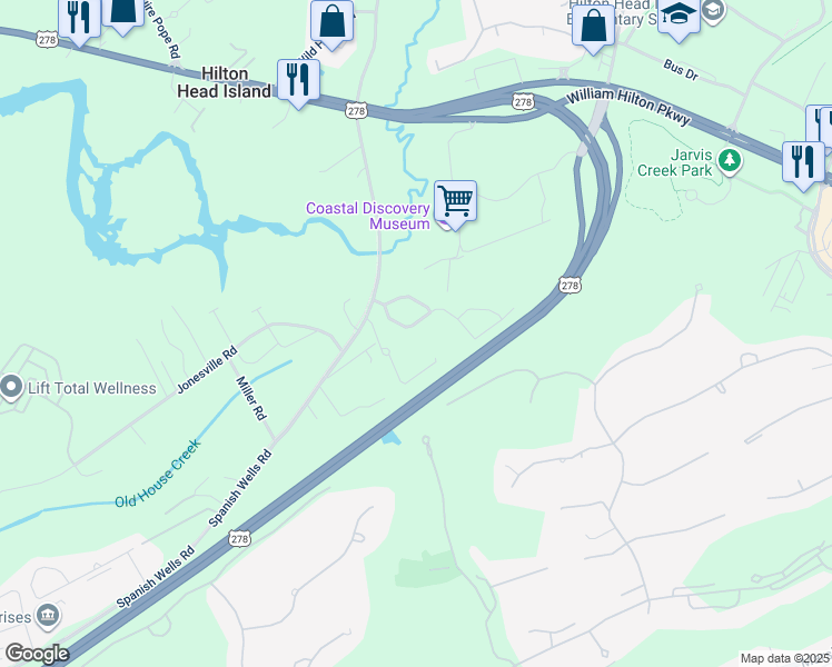 map of restaurants, bars, coffee shops, grocery stores, and more near 30 Jarvis Creek Lane in Hilton Head Island