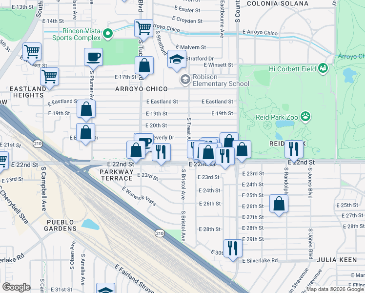 map of restaurants, bars, coffee shops, grocery stores, and more near 2725 East 21st Street in Tucson